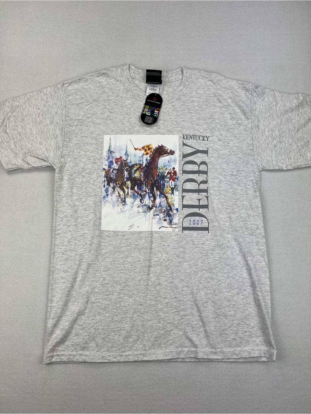 NWT Vintgage Y2K 2007 Kentucky Derby Watercolor Horse Face Art Heather Gray Sz L